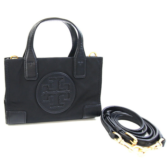 Tory Burch Ella Micro Tote 82444 Black Polyester Leather Small Shoulder Bag P...